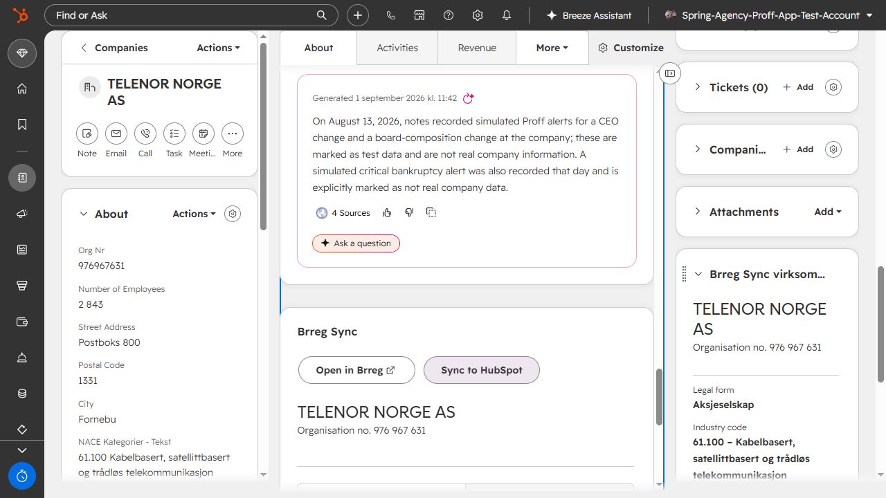 Brreg Sync-fanen for TELENOR NORGE AS i HubSpot