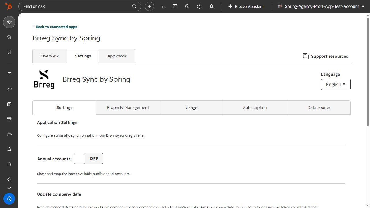Brreg Sync settings with the language selector