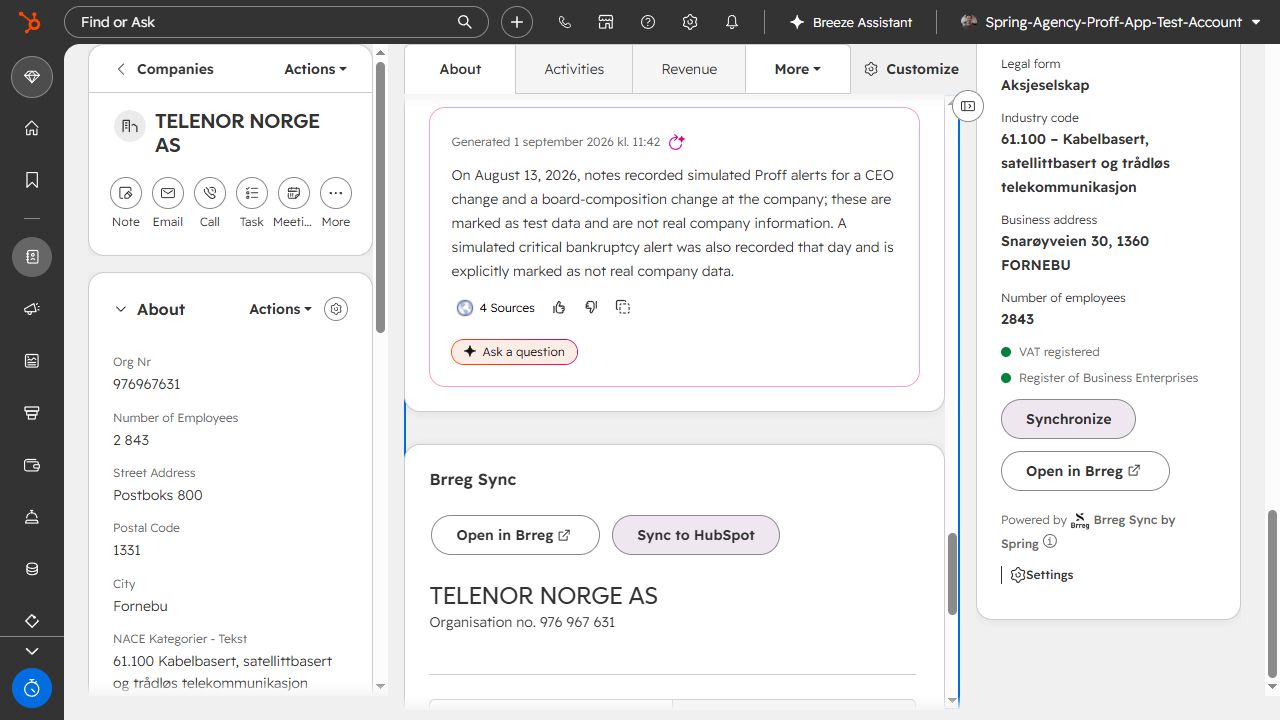 The Brreg Sync sidebar card for TELENOR NORGE AS