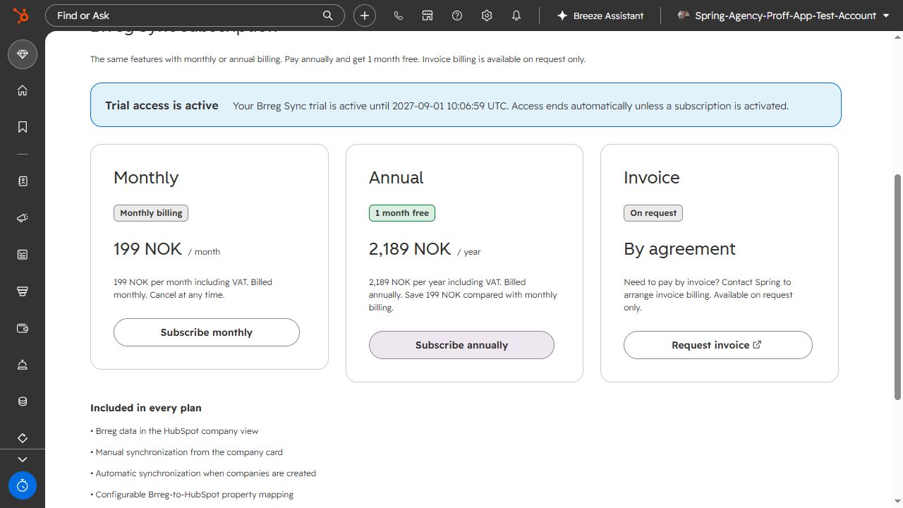 Monthly, annual and invoice choices in Brreg Sync